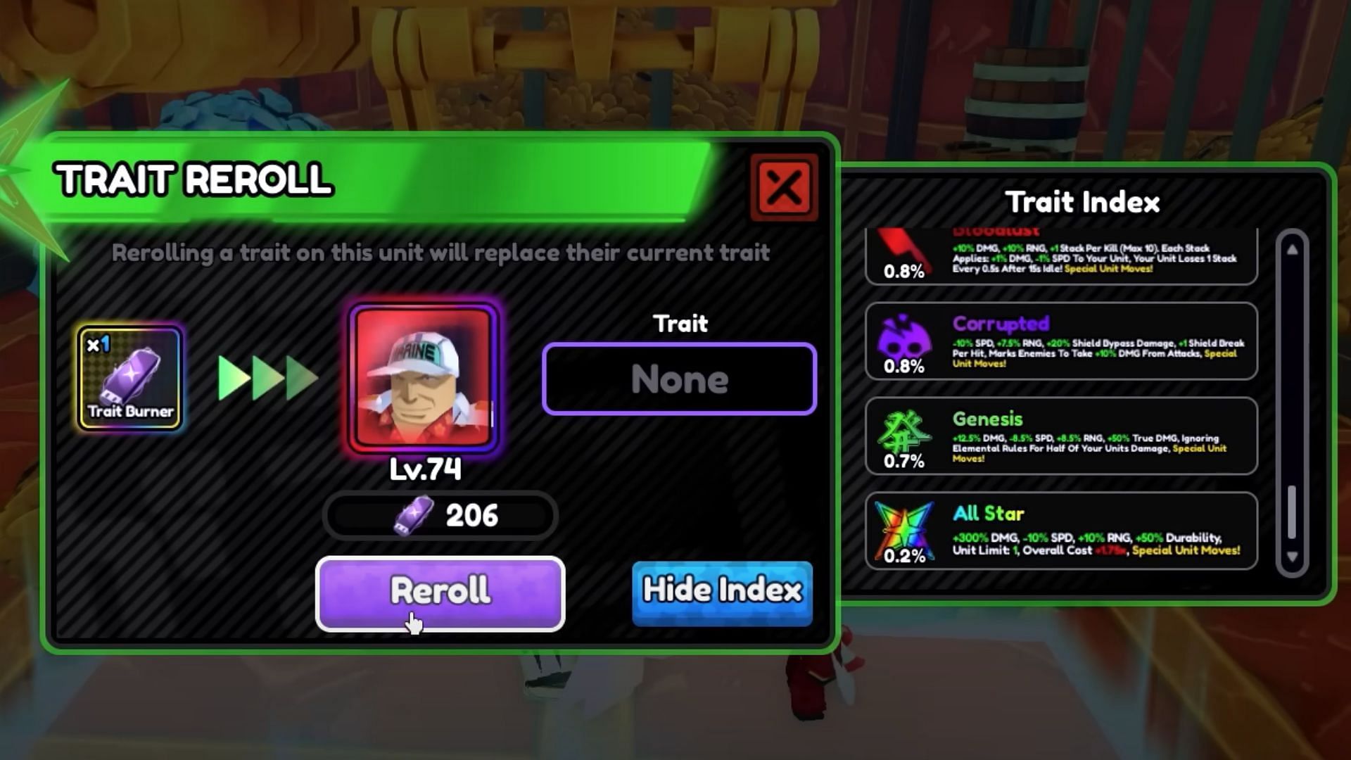Use Trait Burners to get All Star on Magma Marine (Image via Roblox)